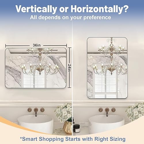 Miniatura 5 de MIRROTREND Espejo rectangular redondeado de níquel cepillado de 22 x 30 pulgadas montado en la pared, espejo de baño con marco de metal antioxidante