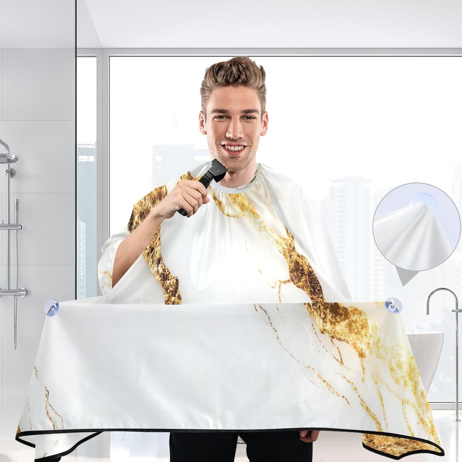 White Gold Marble Professional Barber Cape with Adjustable Neckline, Waterproof Hairdressing Salon Cape for Men Women Kids - 65" x 55" Beard Apron Shaving Kits for Salon and Home Use