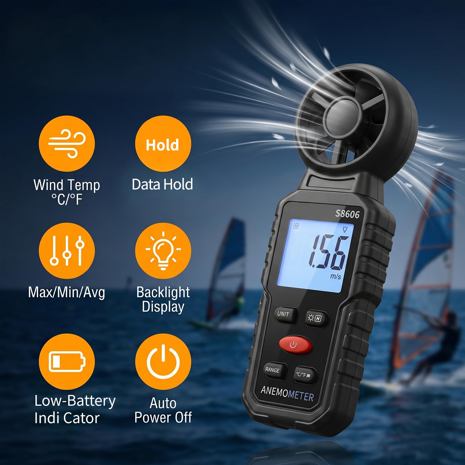 Anemómetro Digital Portátil 3 en 1 con Pantalla LCD Retroiluminada, Medidor de Velocidad del Viento, Temperatura y Flujo de Aire, Funciones MAX/MIN/AVG, para Navegación, Drones, Surf y Pesca