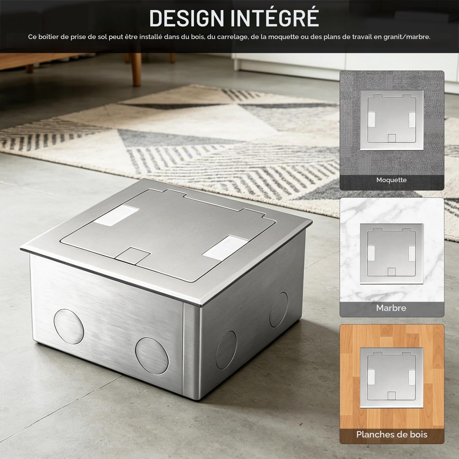 Boîte de Prise Encastrable au Sol, Prise Cachée Plate Encastrée 250V/16A avec 2 Prises EU et Connecteurs USB + Type C + CAT6, Prise de Courant Encastrée Étanche en Acier Inoxydable pour Maison, Hôtel