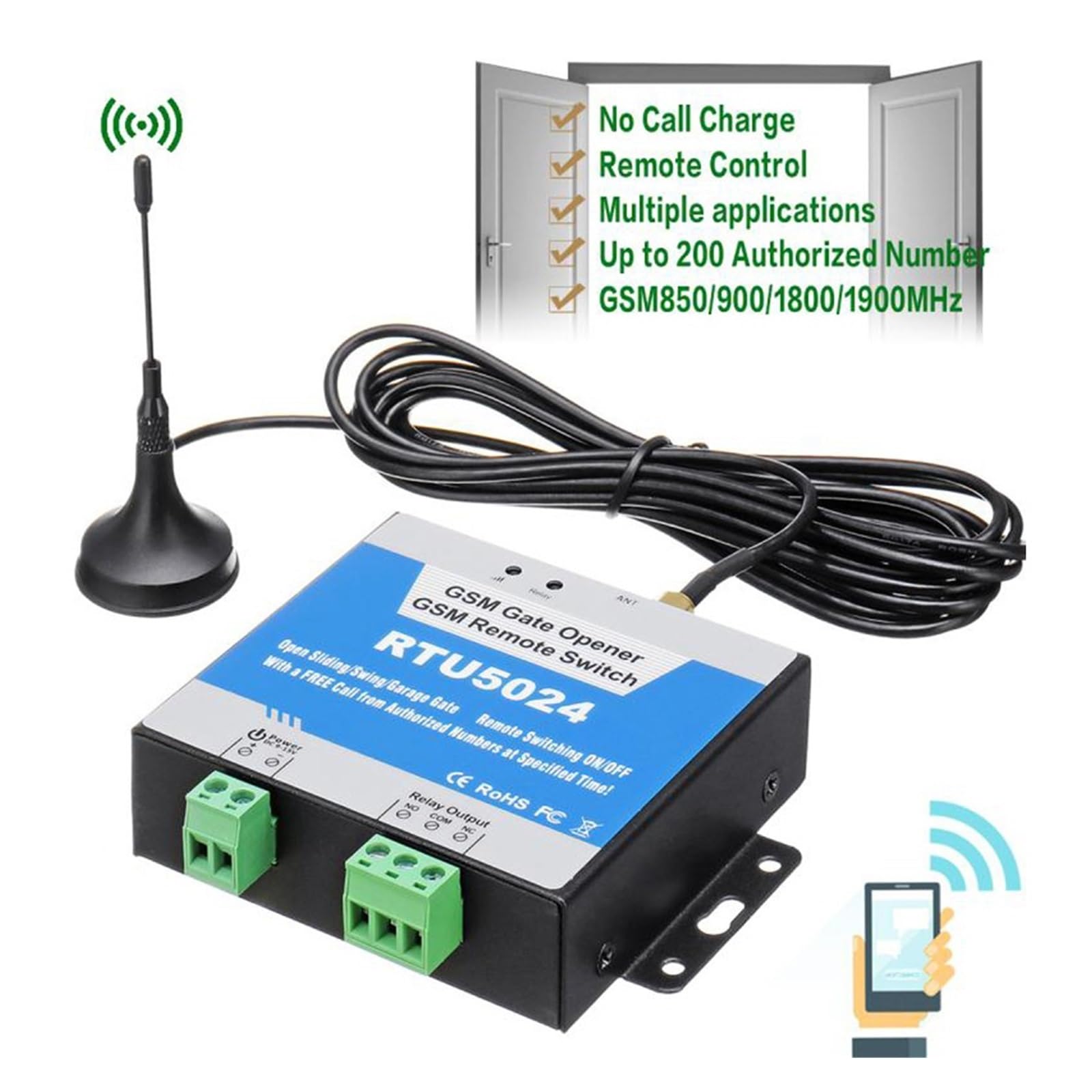 Automatyka bram Mechanizm otwierania drzwi GSM Przełącznik zdalny GSM 850/900/1800/1900MHz Bezprzewodowa kontrola dostępu(Long)