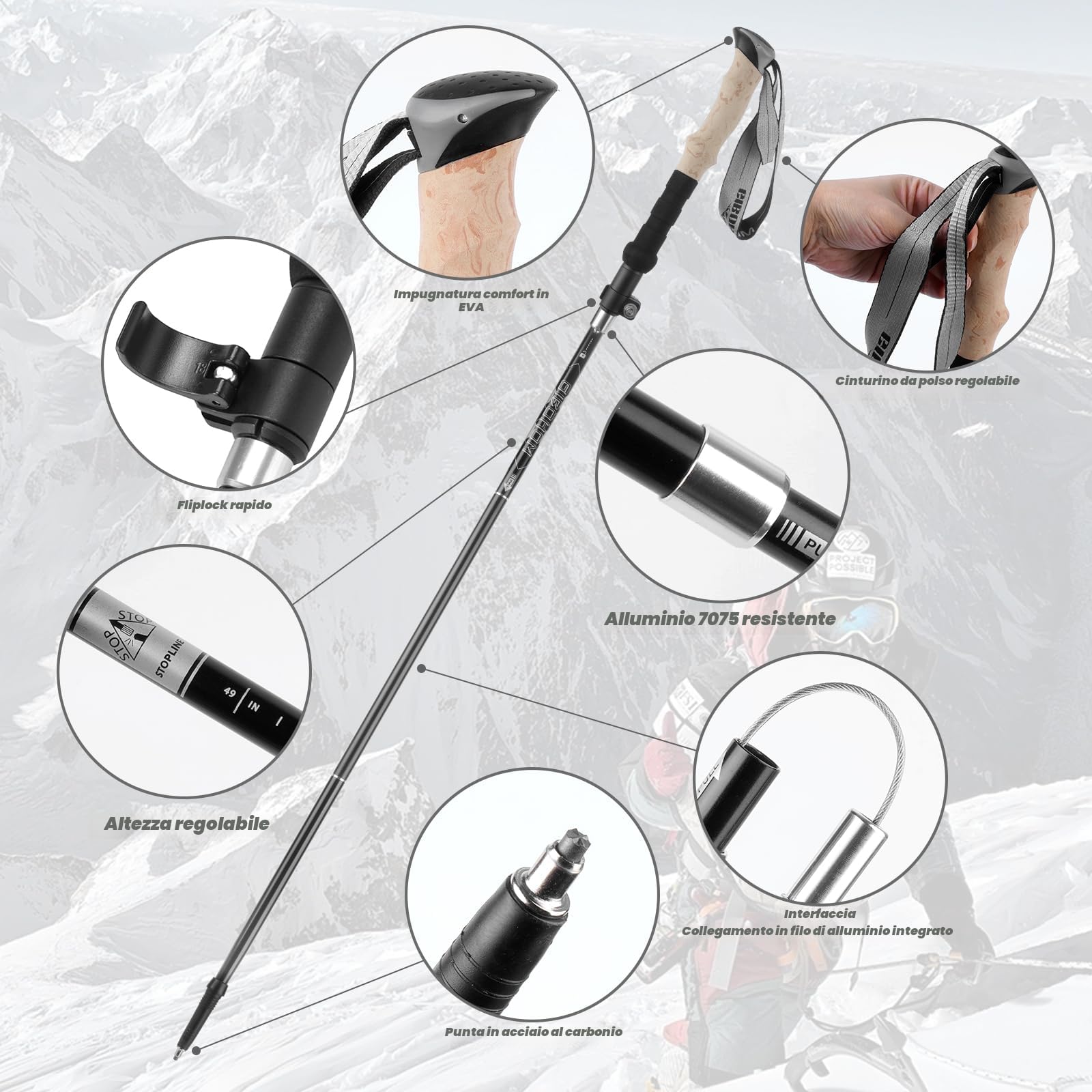GIBOHOM Bastoncini Trekking Alluminio, 2 Pezzi Nordic Bastoni Trekking 105-125 CM Pieghevoli, Antiurto, Racchette Trekking con 4 Paia di Cuscinetto in Gomma, Borsa per Montagna Escursioni Neve, Unisex