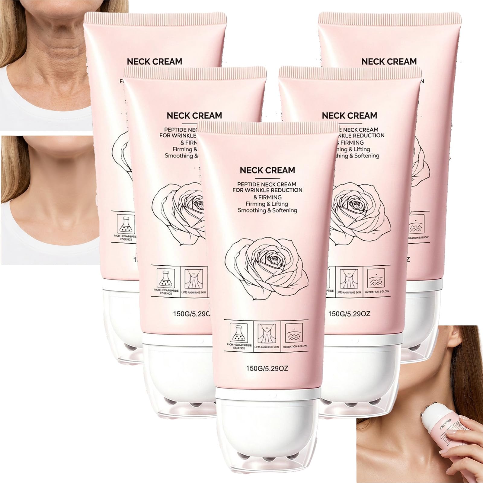 Crema Collo con Rullo, Esapeptide e Rosa Rassodante Crema Collo Sollevante,Ricca Essenza Peptidica per la Pelle Matura e Secca,Idratante Bagliore Levigante Crema Collo per Donne e Uomini 150g (5pcs)