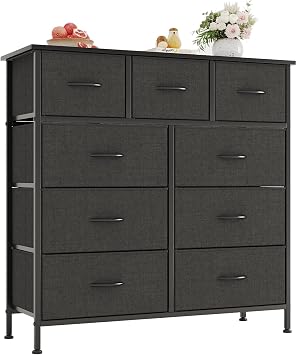 CAIYUN Chest of Drawers with 9 Drawers, Fabric Storage Dresser for Bedroom, Tall Drawer Organizer Unit for Entryway, Hallway, Black