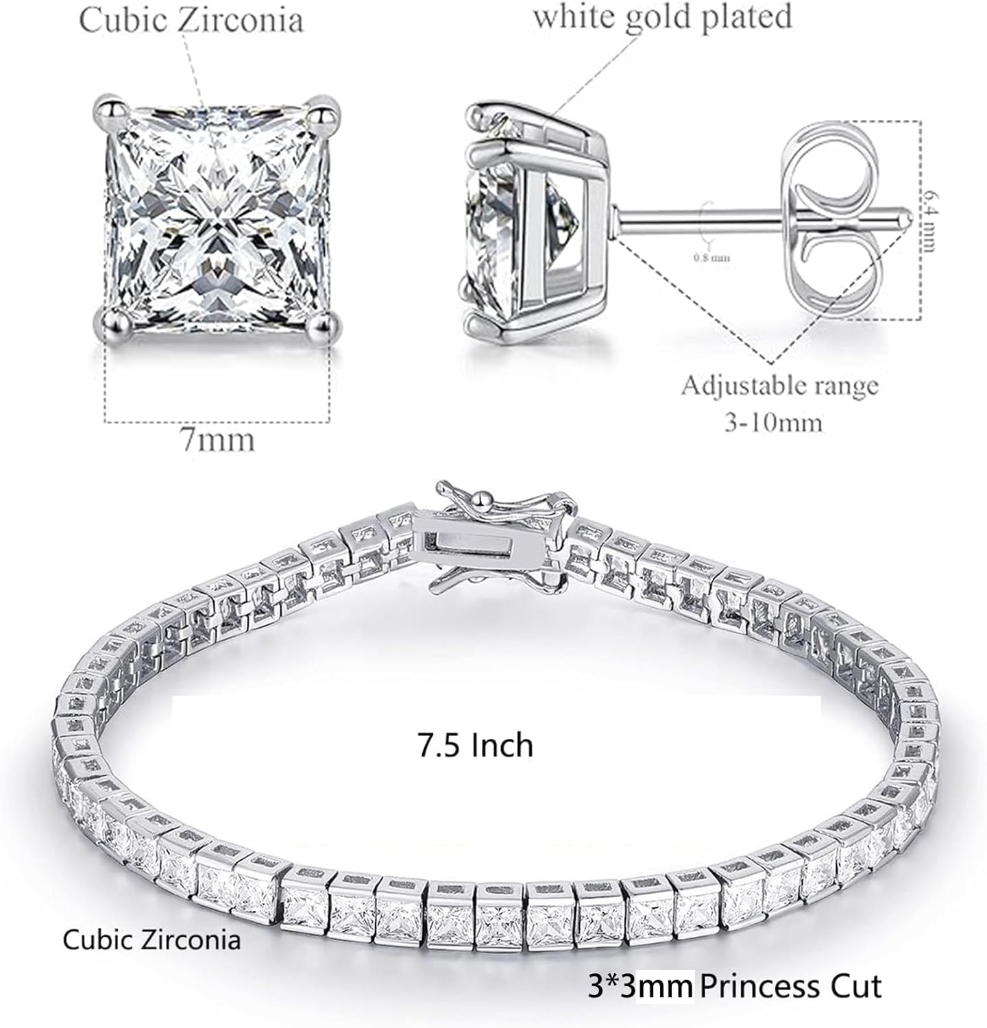 MDFUN 18K White Gold Plated Tennis Bracelet Stud Earrings Jewelry Set for Women and Men - Image 7