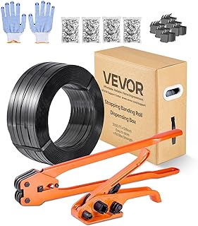 VEVOR Juego de Flejes Manuales Banda PET 15,9 mm x 610 m, Kit de Herramientas de Flejado con Tensor, Selladora, Guante, 600 Hebillas Metálicas, 200 Esquinas Protectoras, para Empaquetado Transporte