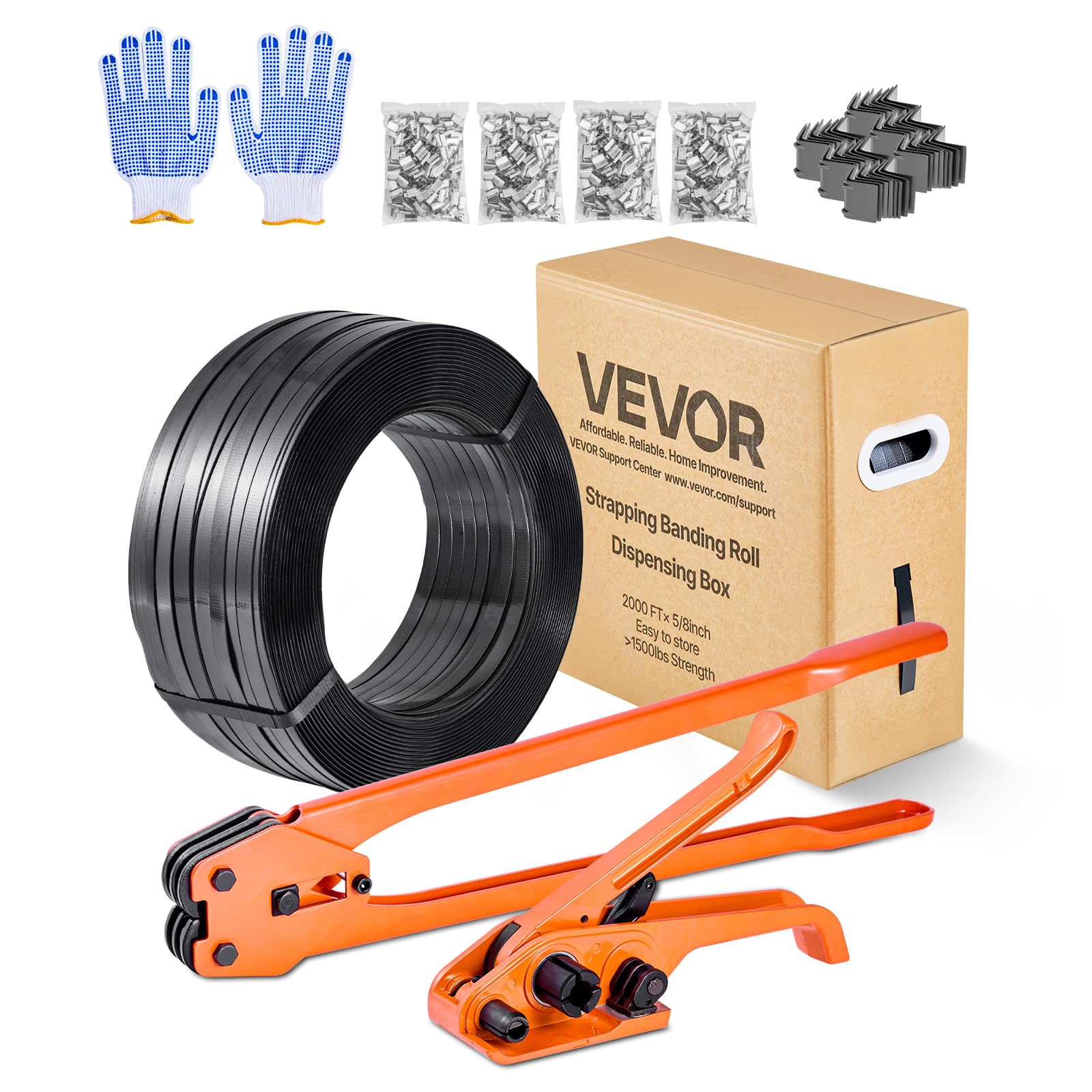 VEVOR 6 tlg Umreifungsset mit Umreifungsband, manuelles Umreifungsgerät mit 610 m PET Band, 600 Metallklammern, 200 Kantenschutzern