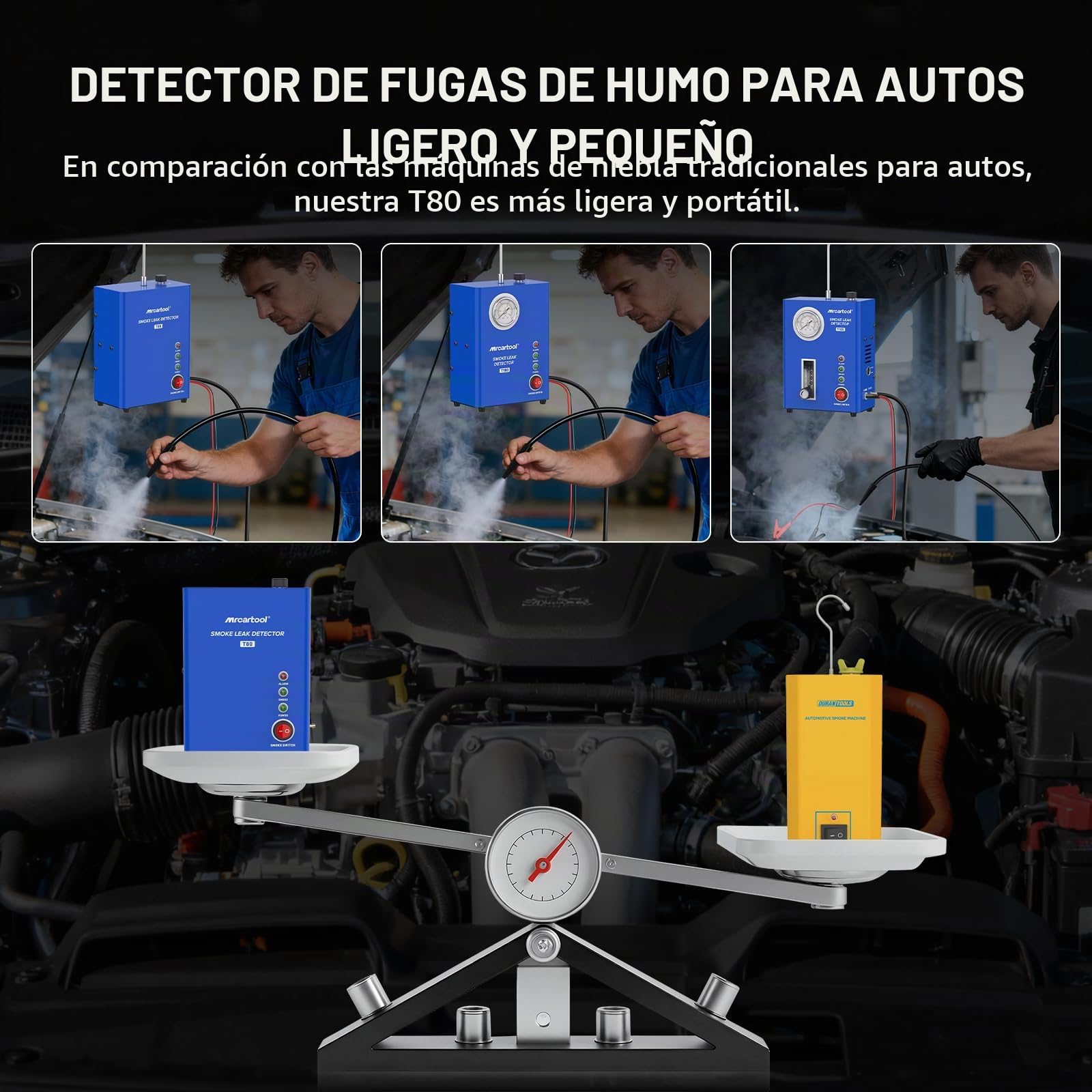 Máquina de Humo para Coches T80 - Detector de Fugas EVAP 12V con Bomba de Aire Integrada y Medidor de Nivel de Aceite, Probador de Fugas de Combustible y Vacío para Coches, Motos, Barcos y Vehículos
