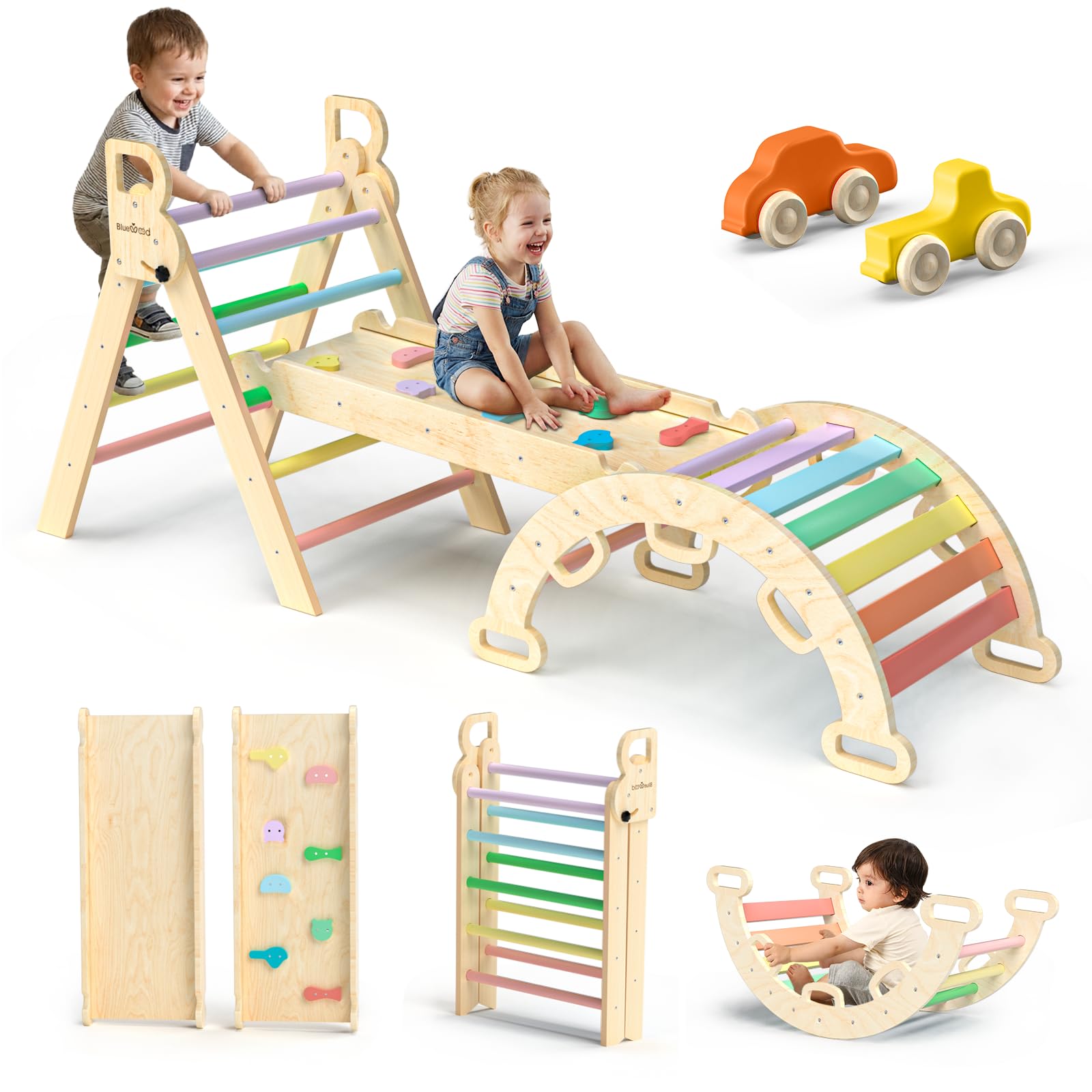 BlueWood Pikler Triangle Set 7in1 Foldable Baby Climbing Toys Wooden Montessori Climbing Set with Arch&Ramp&Ladder Baby Climber Indoor Jungle Gyms for Toddlers Montessori Toys- Rainbow Rainbow w/Car