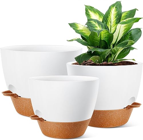 Macetas de 1098 pulgadas con agujeros de drenaje y platillos, macetas grandes de riego automático para plantas de interior, macetas decorativas de