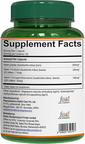 Miniatura 9 de Pure Nutrition Cápsulas de Neem de 700 mg (equivalente a 2600 mg de polvo de hoja de neem y polvo de corteza) sin OMG, una vez al día, suministro de