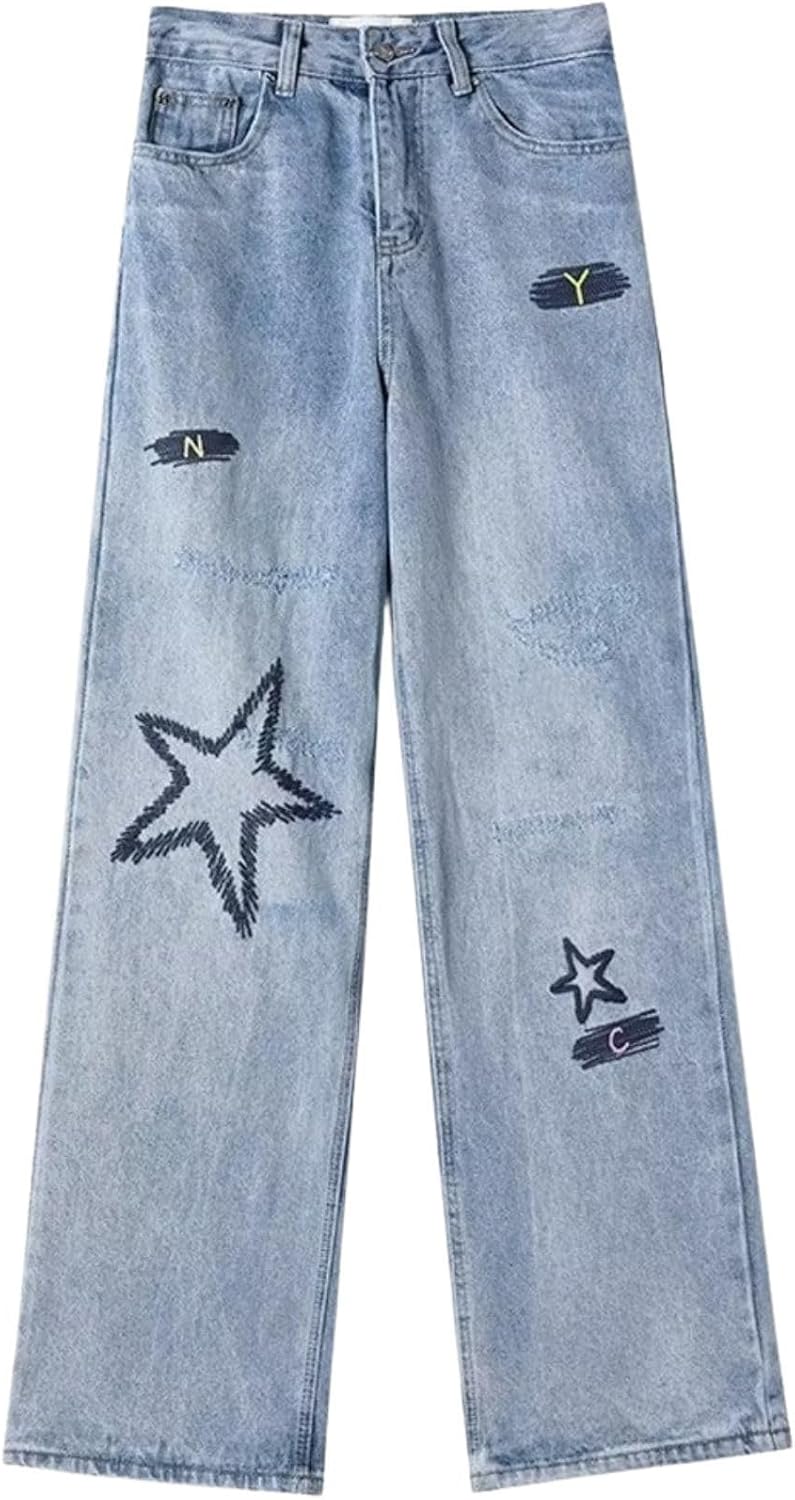 Cute Jeans for Women Girls Star Patchwork Pants High Waisted Straight Leg Jean Casual Preppy Clothes - Image 5