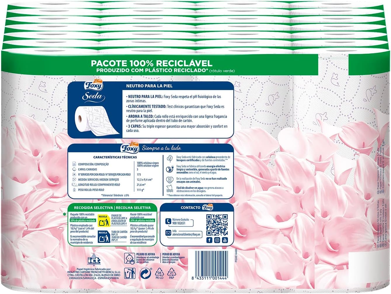 Foxy Seda | Papel higiénico neutro sobre la piel | 28+14 rollos, 28 + 14 gratis| 173 servicios por rollo | 3 capas de alto grosor | Papel 100% certificado FSC | Paquete 100% reciclable blanco (7)