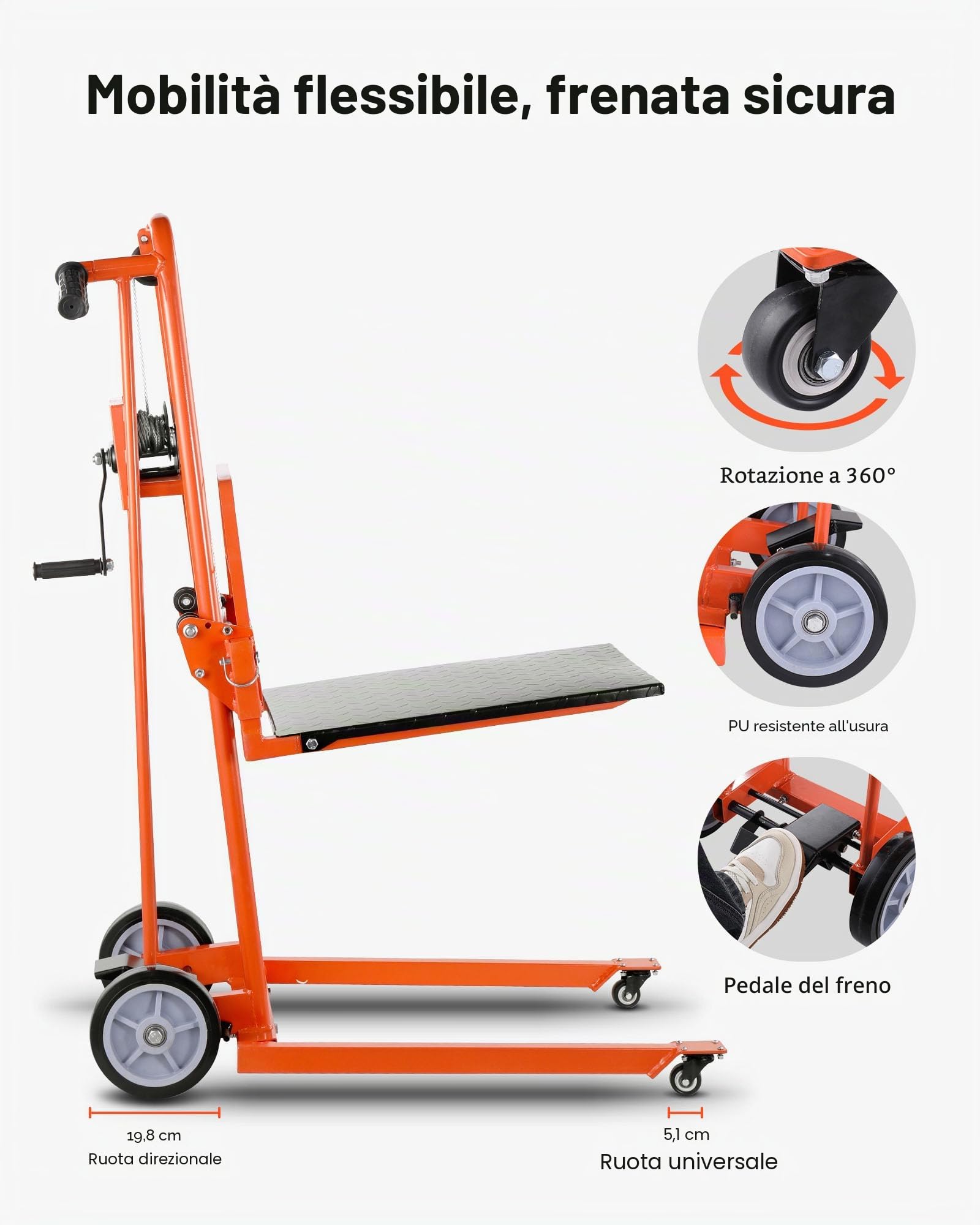 VEVOR Carrello Elevatore a Verricello, con Capacità di 150 kg, Altezza di Sollevamento di 109 cm, Carrello Elevatore a Transpallet Manuale con Ruote Girevoli e Piastra di Sollevamento