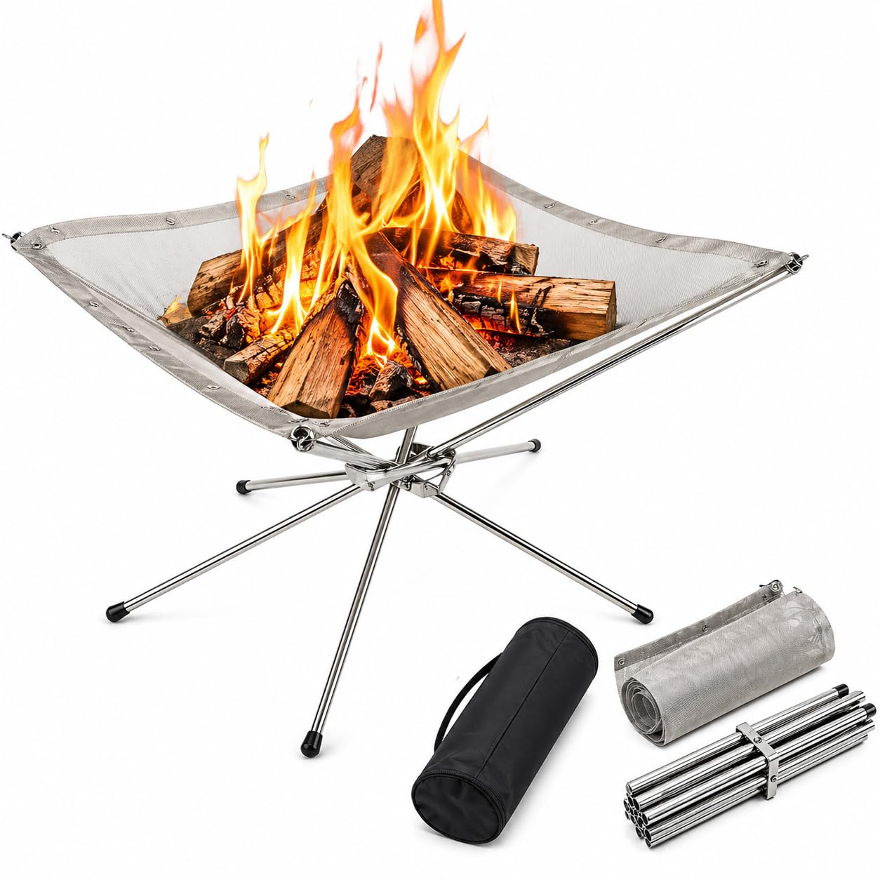 Portable Foldable Camping Fire Pit (Medium | 42cm x 42cm x 32cm) – Stainless Steel Mesh Fire Bowl, Lightweight Compact Outdoor Fire Pit for Camping, Hiking, Backyard & Beach Bonfire with Carry Bag