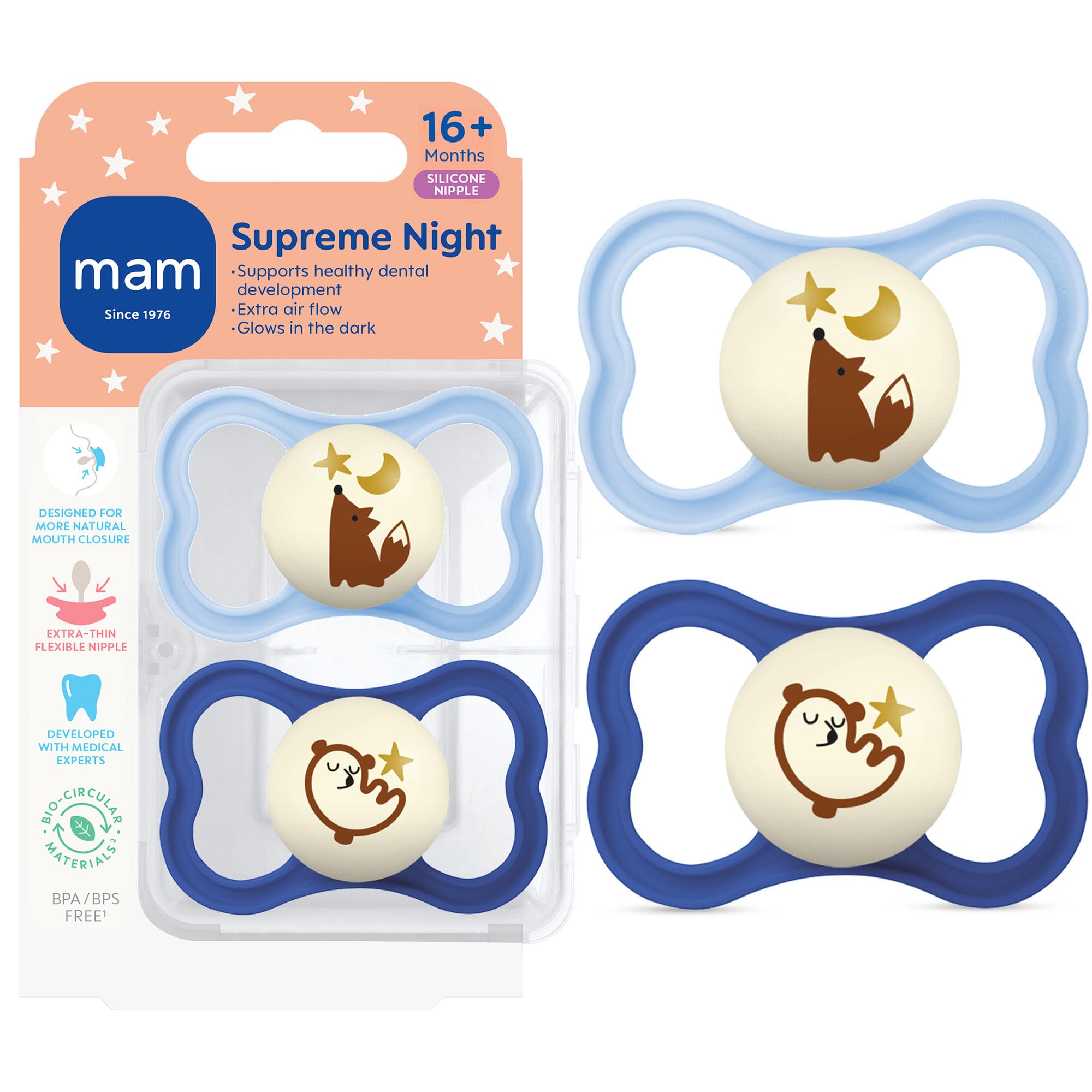 MAM Supreme Night Pacifiers (2 Packung, 1 Sterilizing Pacifier Case), Best Pazifier for Breastfed Babies 16+ Monate, Glow in the Dark Pacifiers, Boy Pacifier, 2 Count (1 Stück)