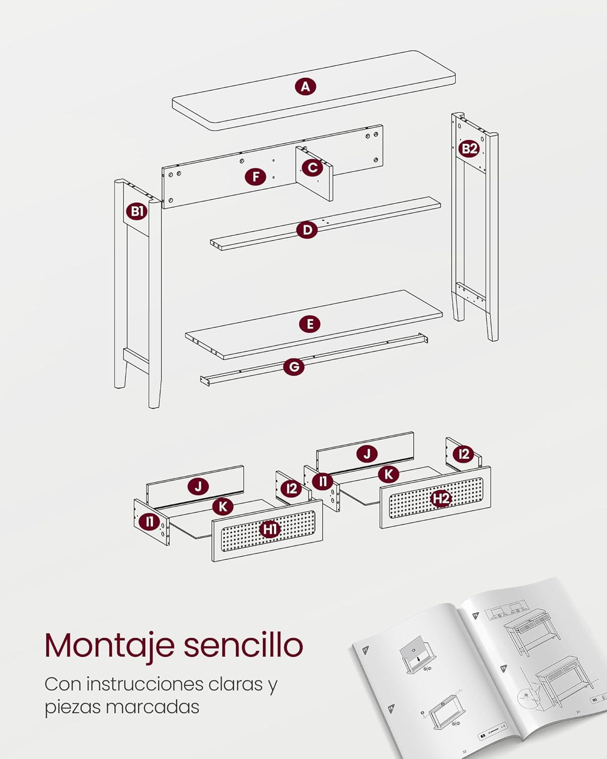 Explotat view diagram of VASAGLE console table parts with labels for assembly