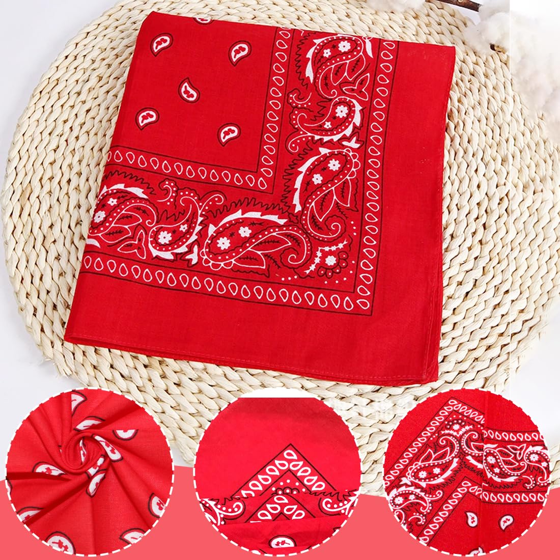 Bandana 100% Algodón Pañuelo Rojo Diseño Paisley