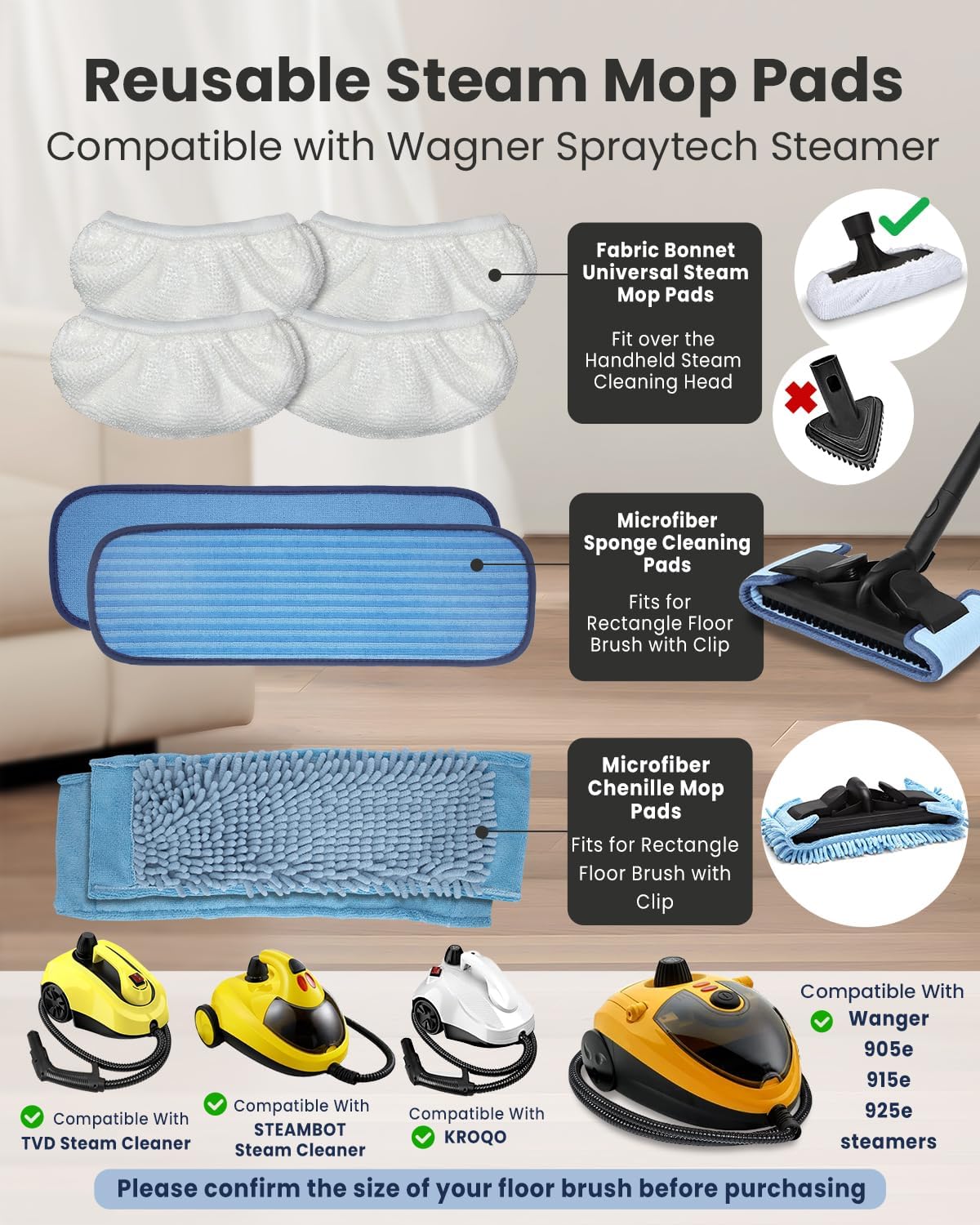 Steam Mop Pads Compatible with Wagner 915e Steam Cleaner for Home, Steam Cleaner Pads Compatilbe with TVD/STEAMBOT and More, Microfiber & Chenille & Fabric Bonnet Steam Pads (2+2+4 Pack)