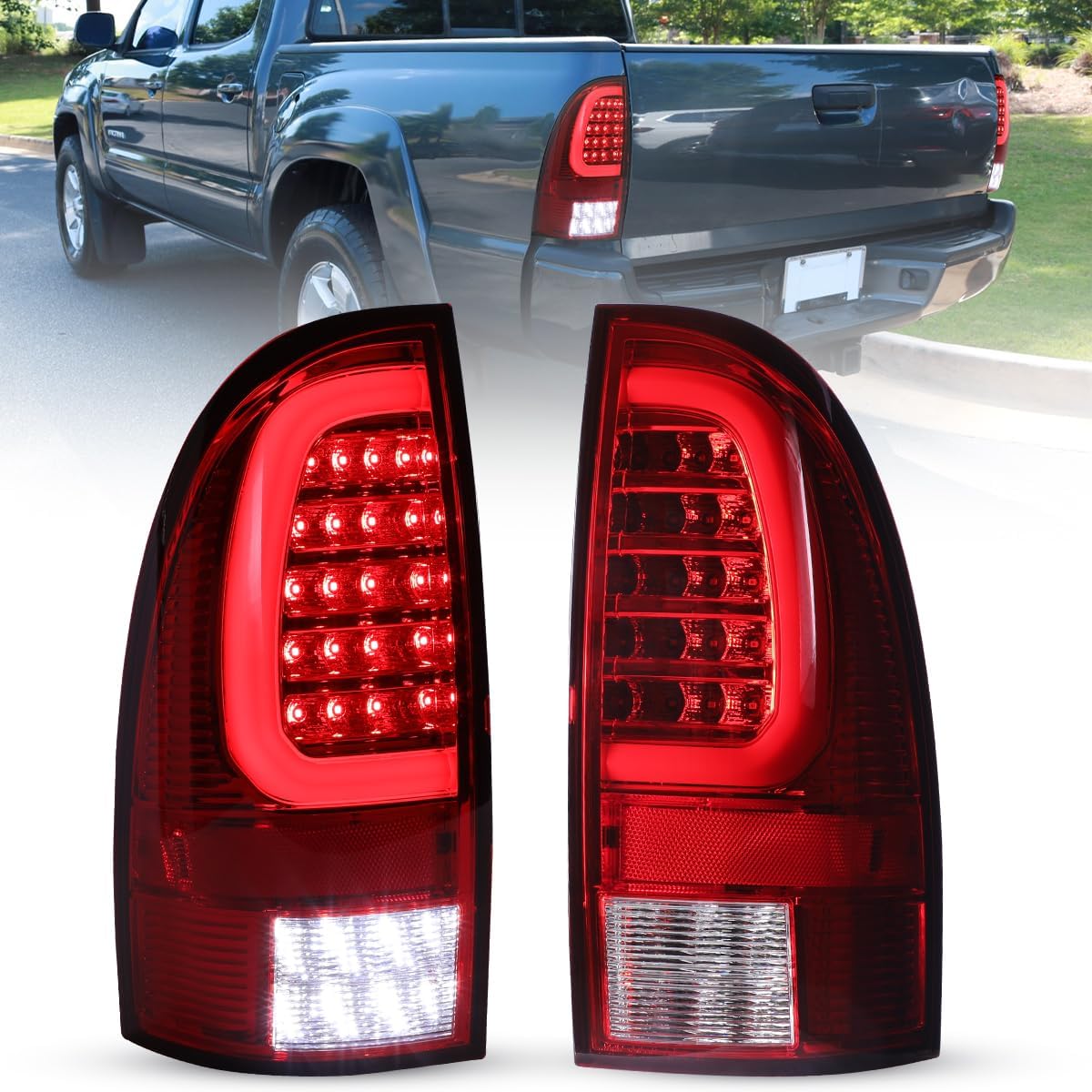 Winjet LED Tail Light Assembly Fit For 2005-2015 Toyota Tacoma, Full Led Taillight Replacement w/Red Turn Signal/Running Light/Brake Light/Reverse Light (Black Housing Red Lens)