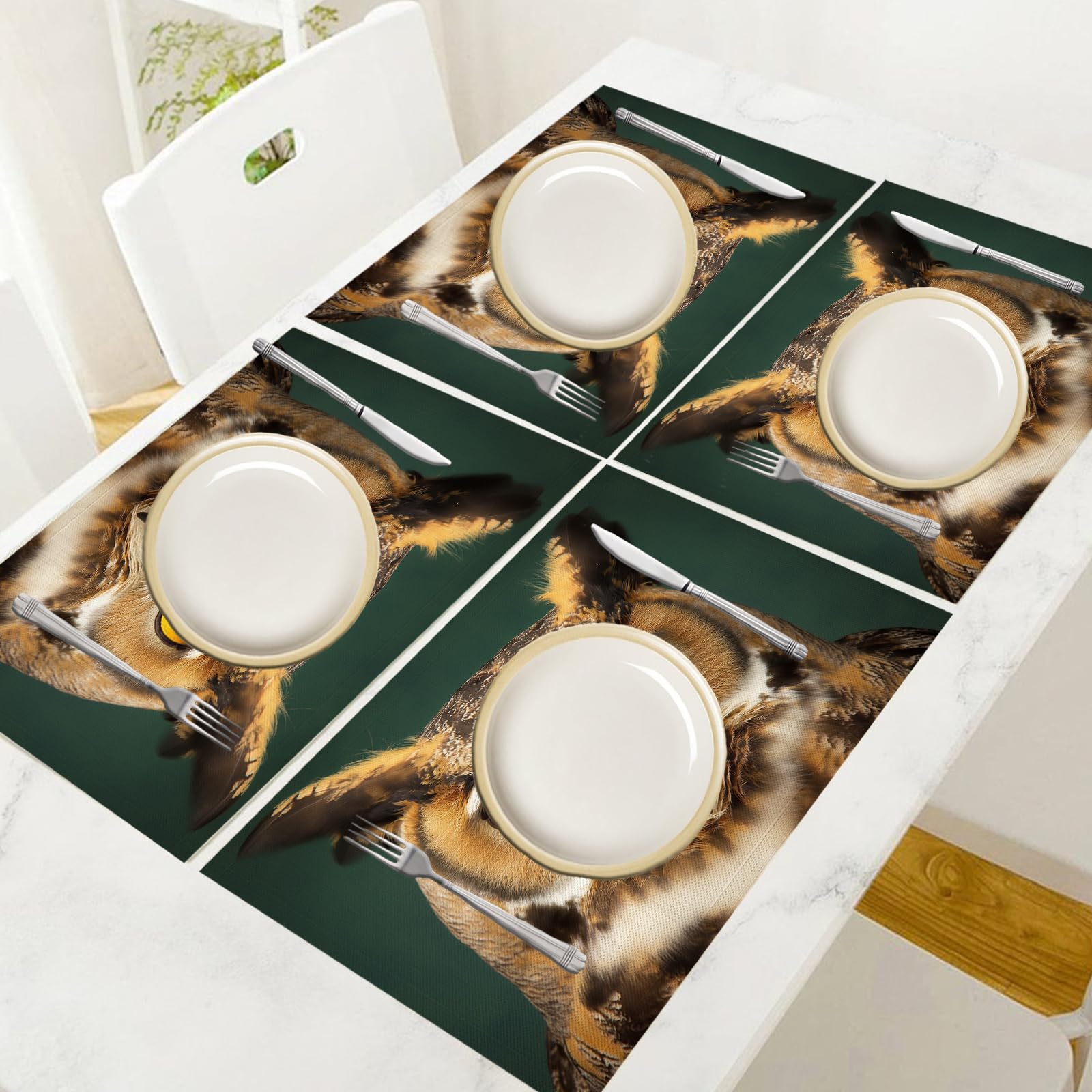 Tovaglietta Americana Animale in Cotone Lino Rettangolare - Tovagliette Set di 8 Ritratto di gufo Resistente al Calore per La Cucina, Il L'Ufficio, 30 x 45cm