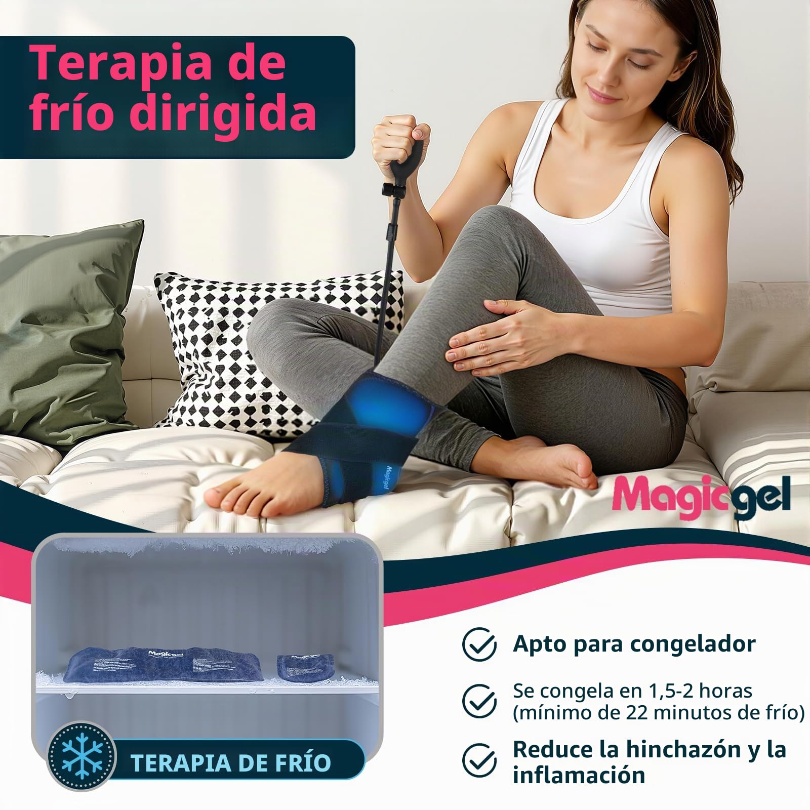 Magic Gel Bolsa de Hielo para Tobillo con Compresión – Bolsa Frío Calor para Tobillo, Talón y Pie – Alivio para Esguince, Hinchazón y Tendinitis de Aquiles – Wrap con Bomba de Aire y 2 Packs