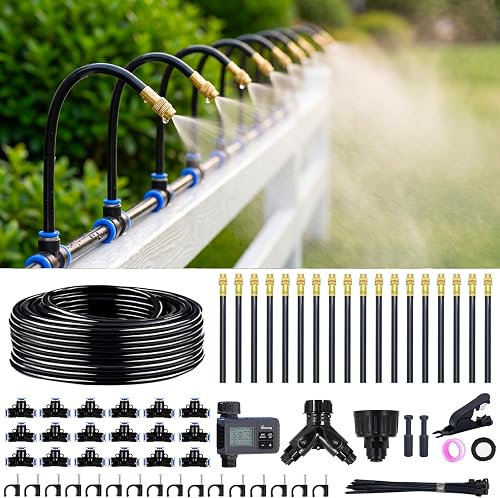Thiswing 100FT Drip Irrigation System with Smart Water Timer, 1/4" Tubing Automatic Misting Watering Kit with 18Pcs 360° Adjustable Nozzles, Garden Sprinkler for Yard, Lawn & Outdoor Plants