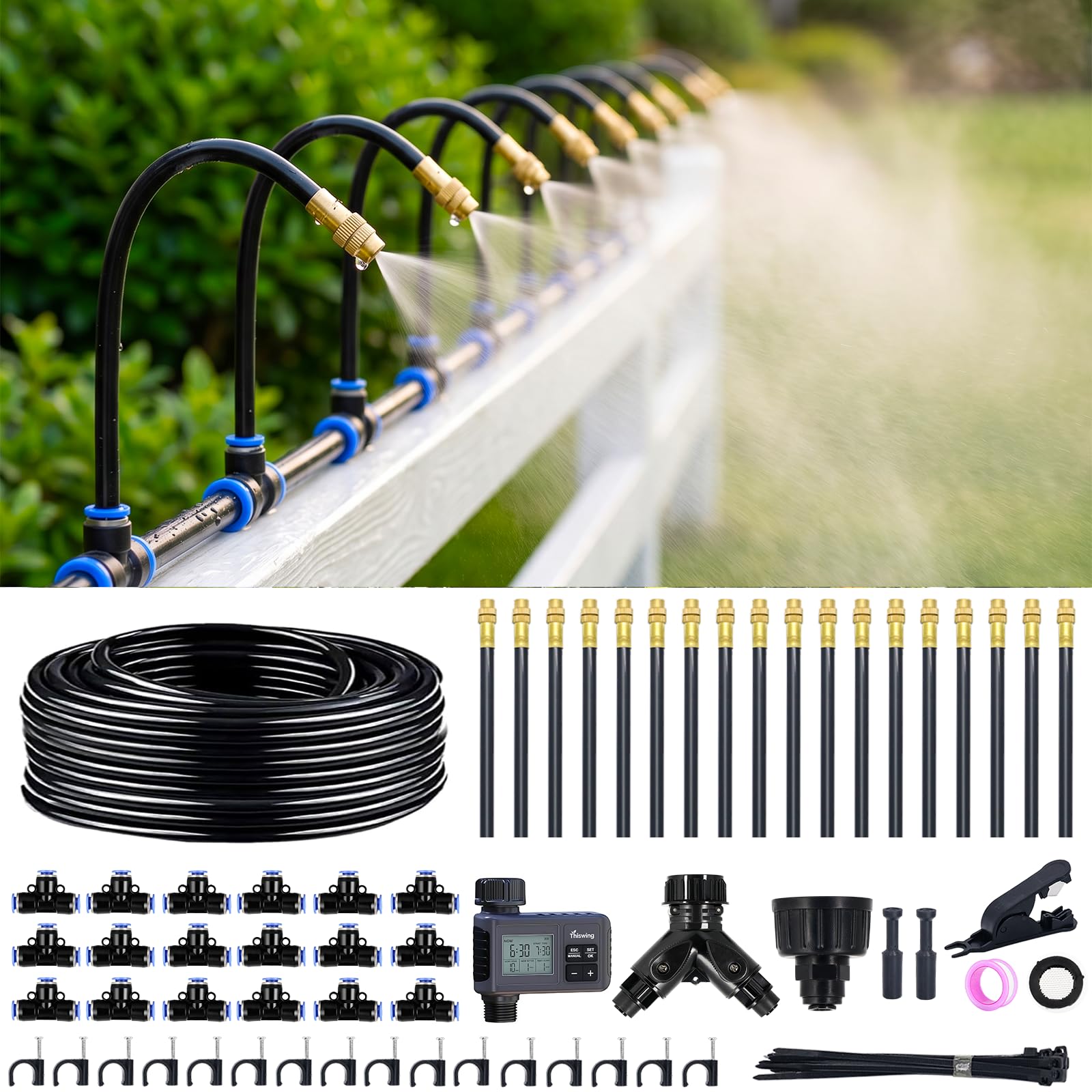 Système d'irrigation goutte à goutte de 0,6 cm avec minuterie | Réglable à 360° 18 buses de brumisation, kit d'arrosage pour parterres surélevés, pelouse, cour