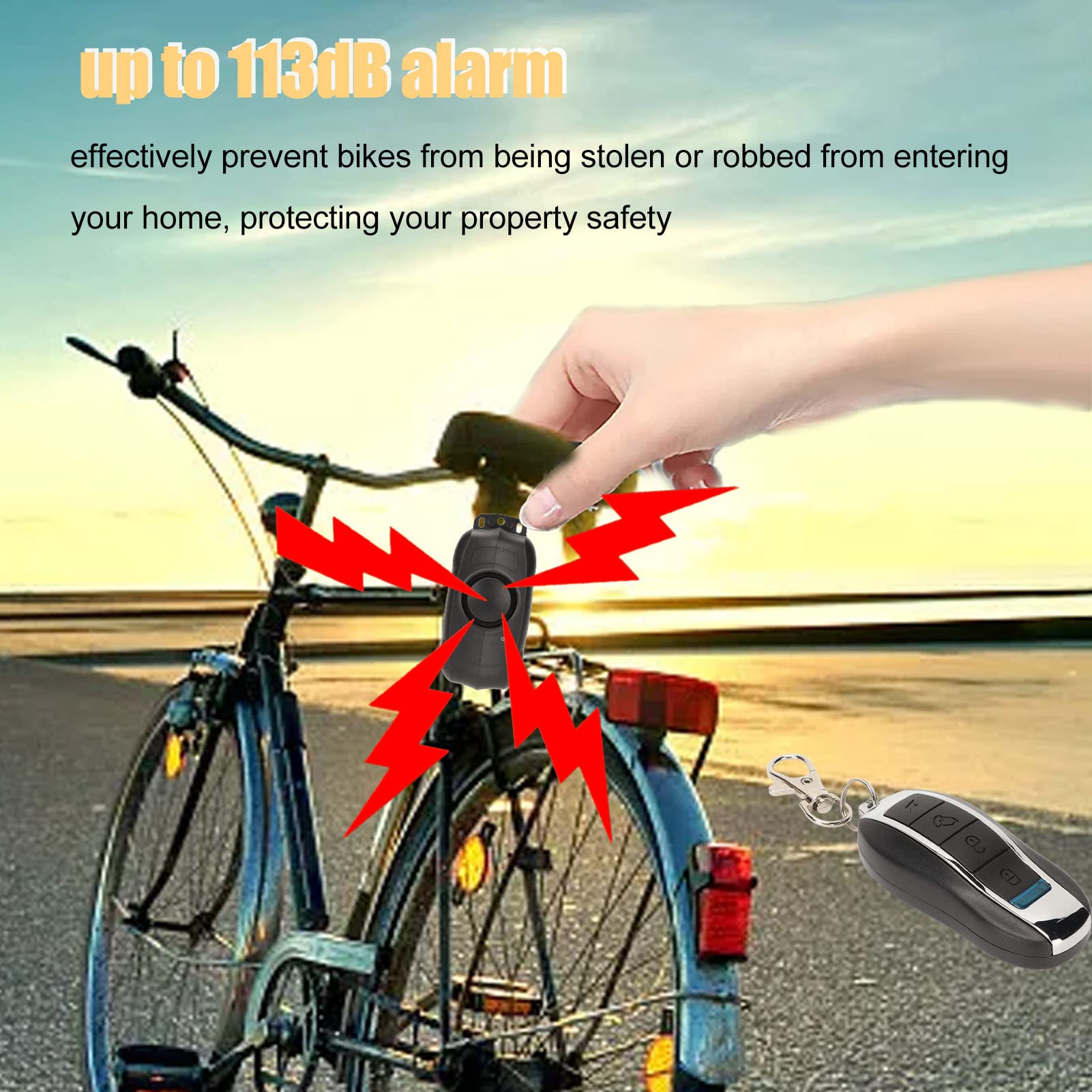 Alarm rowerowy, IP55 Wodoodporność 113dB 5 poziomów Czułość regulowana 4 tryby Alarm motocyklowy Akumulator Łatwy w instalacji Alarm bezpieczeństwa roweru z pilotem