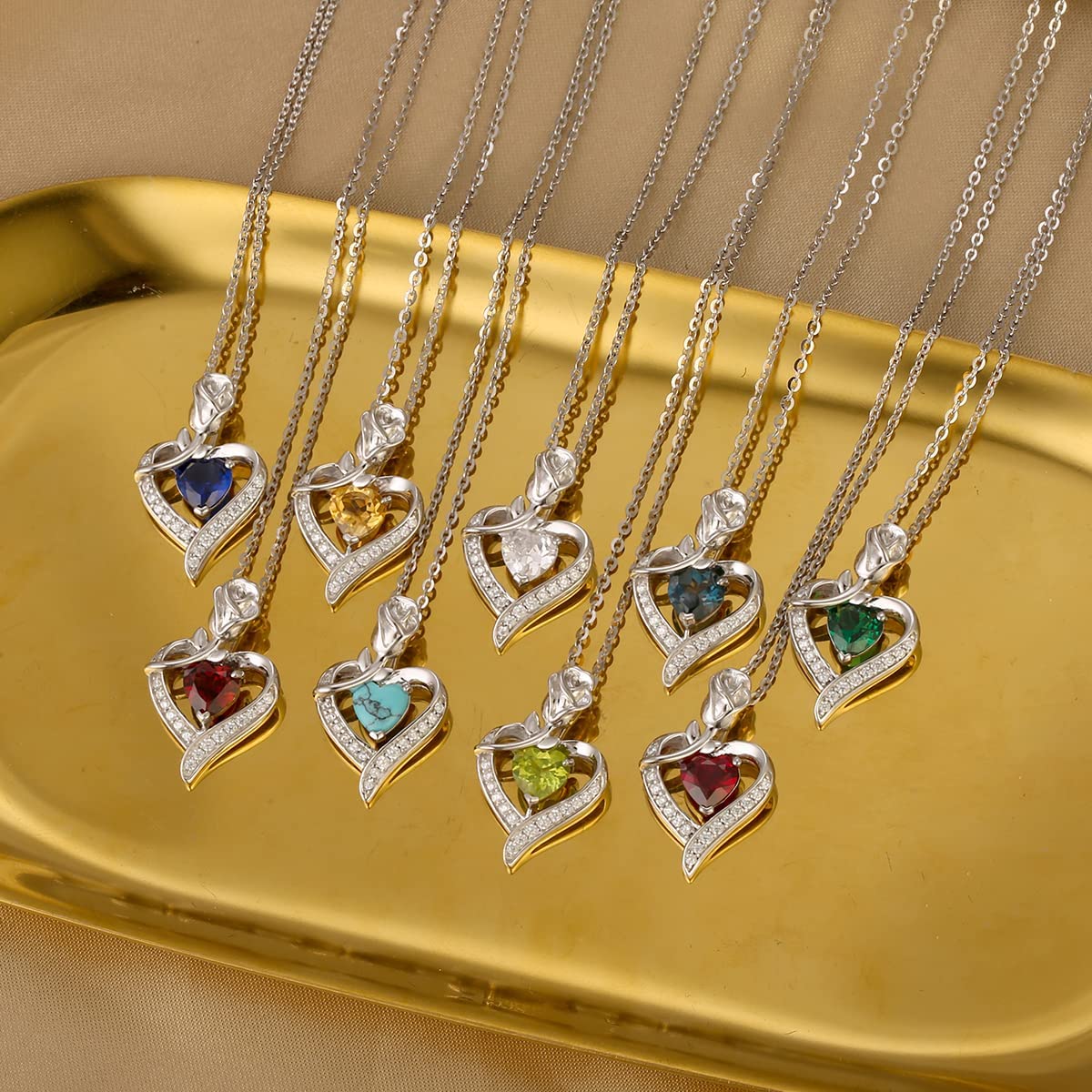 FANCIME Rose Herz Anhänger Halskette für Damen mit künstlicher Geburtsstein | 925 Sterling Silber Kette mit Herz imitiertem Geburtsstein Schmuck Valentinstag Jahrestag Geburtstag Geschenke für Frau