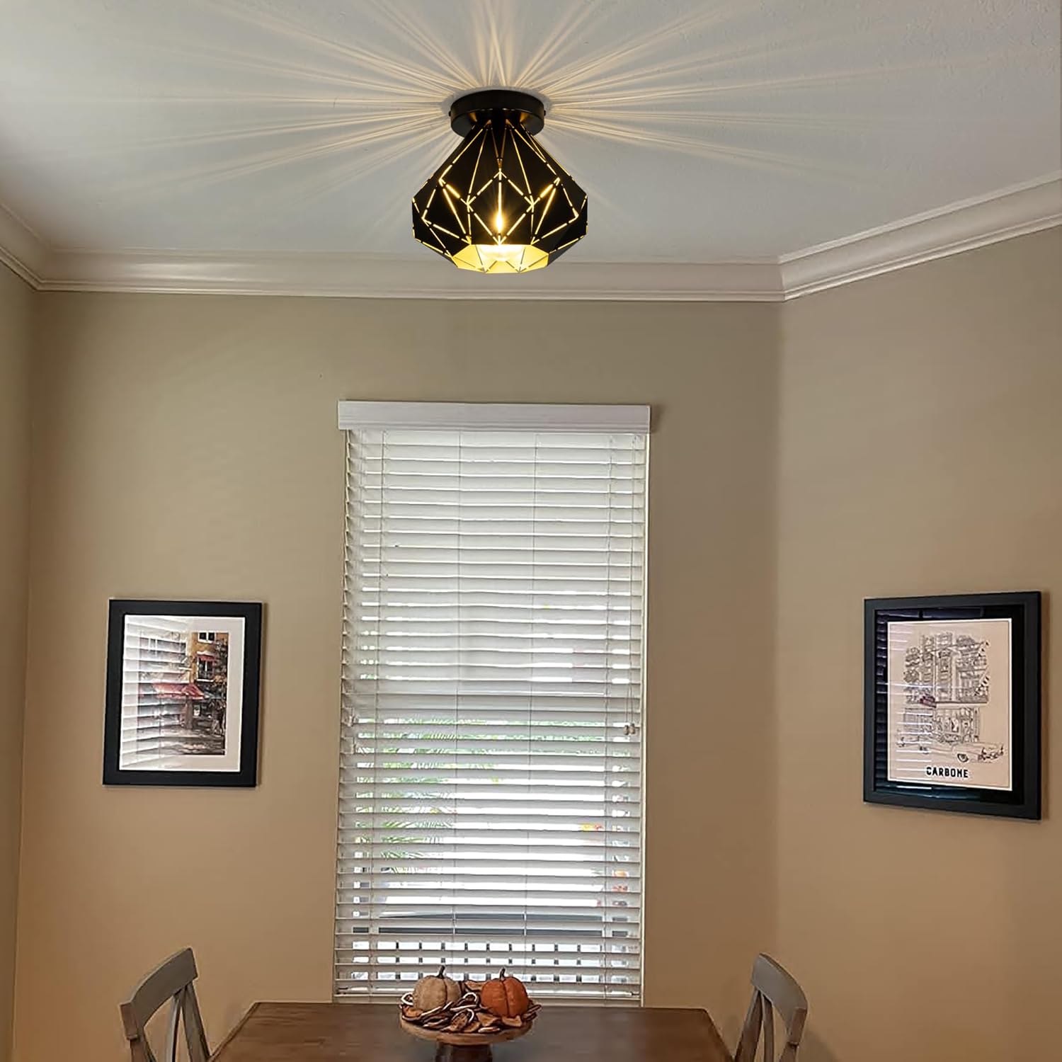 Modern Geometric Ceiling Light, Black Metal Diamond Cage Design, Semi-Flush Mount, Industrial Style, E26, Matte Black with Gold Inside