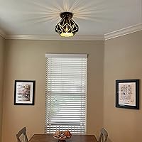 Vista 5 de Modern Geometric Ceiling Light, Black Metal Diamond Cage Design, Semi-Flush Mount, Industrial Style, E26, Matte Black with Gold Inside