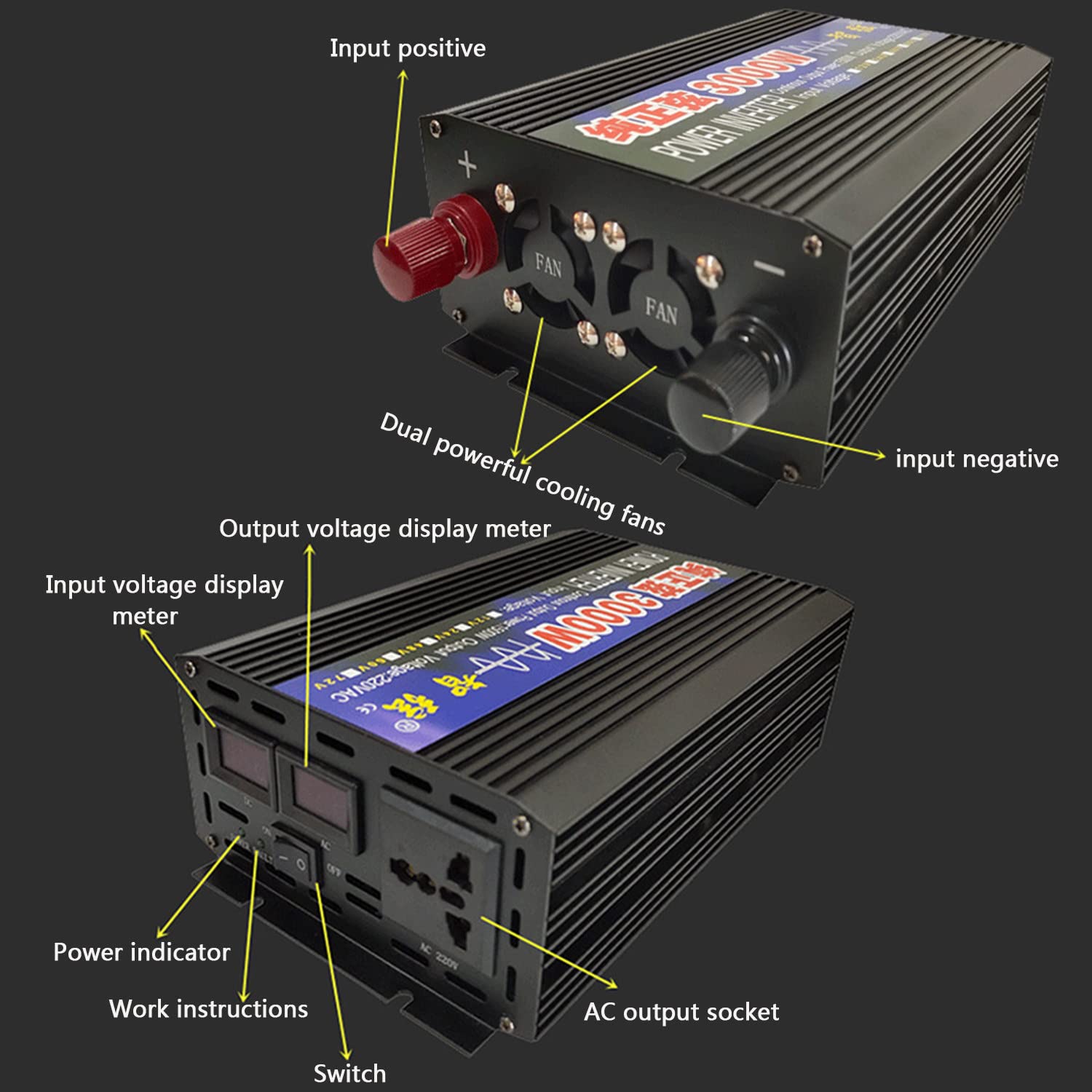 1000W 2000W 3000W 4000W 5000W 6000W 8000W Onda Sinusoidale Pura Power Inverter DC 12V 24V 48V 60V in AC 220V 230V Trasformatore di Potenza Convertitore con Display LED e Prese AC,2000W-12Vto220V
