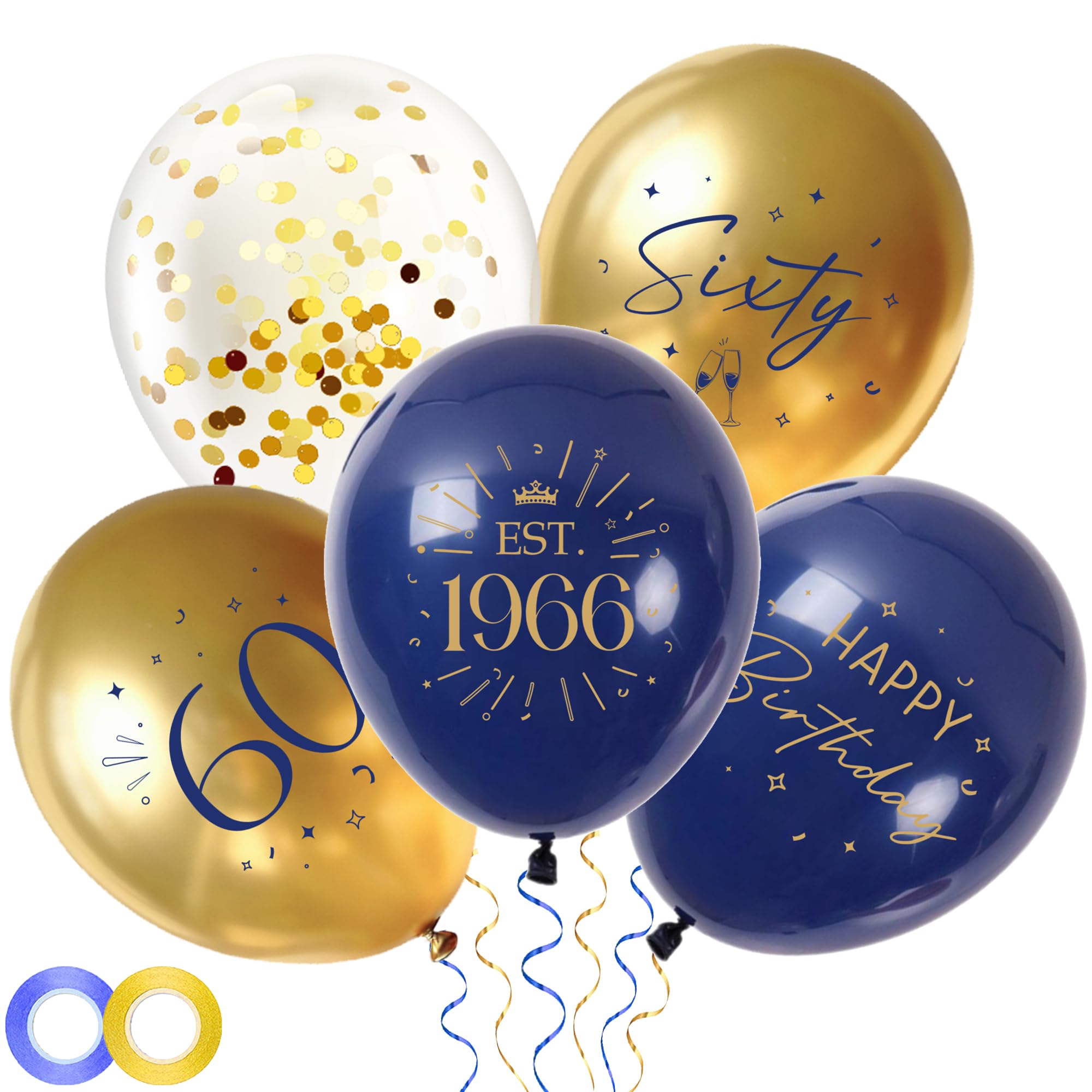 60th Birthday Decorations Party Balloons - 30pcs Blue Gold 60 Balloons for Men, Sixty Latex Balloon with Ribbon for 60 Year Old Party
