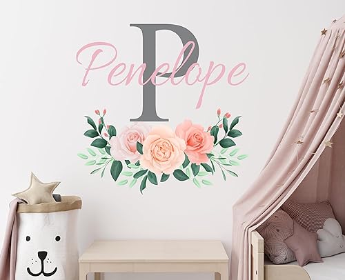 Miniatura 3 de Calcomanías de pared personalizadas con nombre y inicial de flores, decoración artística de peonías, calcomanías murales de niñas para decoración de