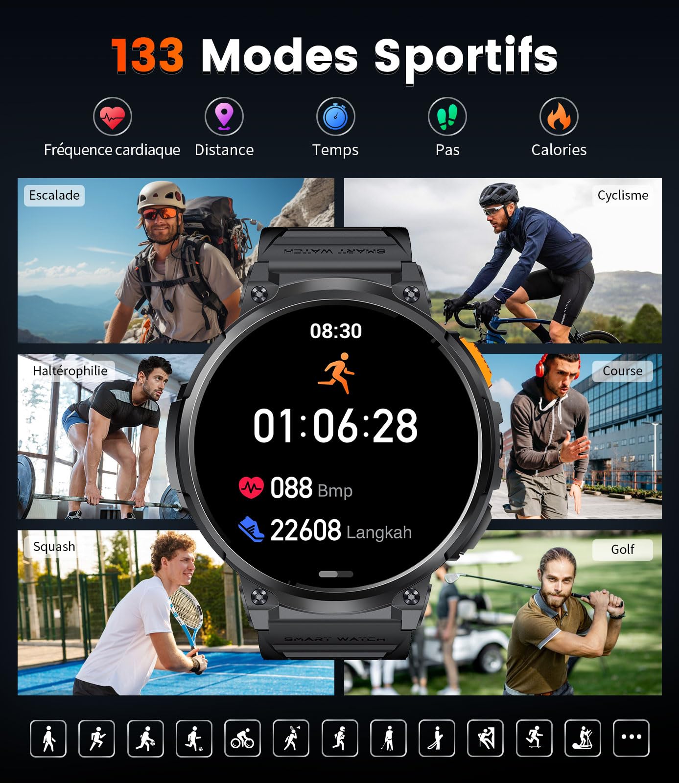Montre Connectée Homme avec 1,85'' HD Grand Écran/LED Lampe/730mAh Batterie,Smartwatch Homme avec 120+ Modes Sportifs,24/7 Moniteur de Fréquence Cardiaque et Sommeil,IP68 Étanche pour Android iOS