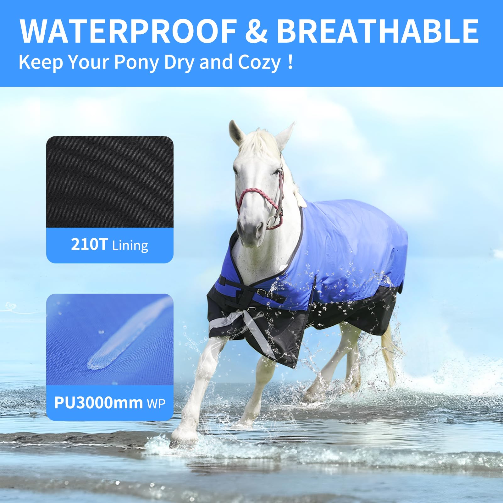 1200D Regendecke Pferd 145cm wasserdichte pferdedecke Winterdecke für Pferde pferdedecken Leichte, wasserdichte, Atmungsaktive und Reißfeste