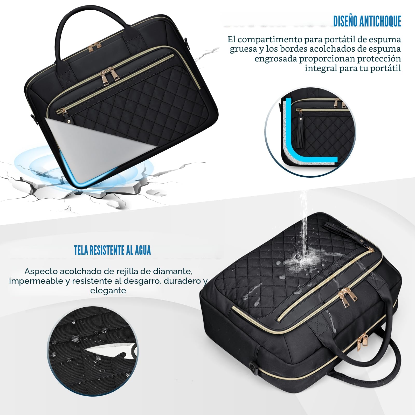 RAINSMORE Maletin Portatil Impermeable Bolso Portatil Mujer 17,3 Pulgadas Portadocumentos Mujer Grande Bolso Ordenador Portatil para Trabajo Oficina Universidad Negro
