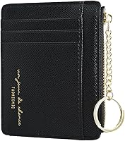 Vista 10 de Prometheism Tarjetero delgado de cuero para mujer, cartera pequeña, monedero, monedero para niña, mini cartera con llavero, Marrón, Minimalista