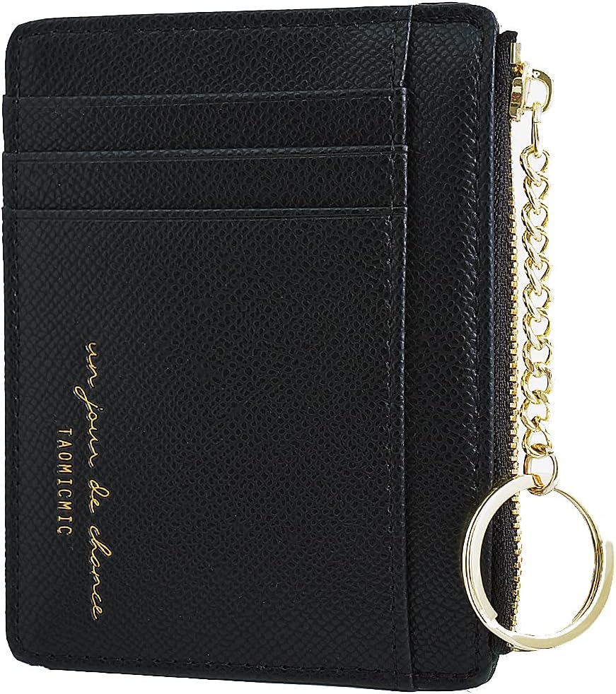 Women Slim Leather Card Case Holder Small Wallet Cute Coin Purse Girl Mini Wallet with Keychain (Black)