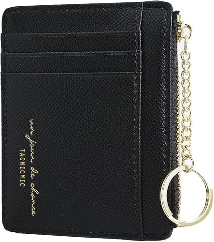 Miniatura 10 de Prometheism Tarjetero delgado de cuero para mujer, cartera pequeña, monedero, monedero para niña, mini cartera con llavero, Marrón, Minimalista