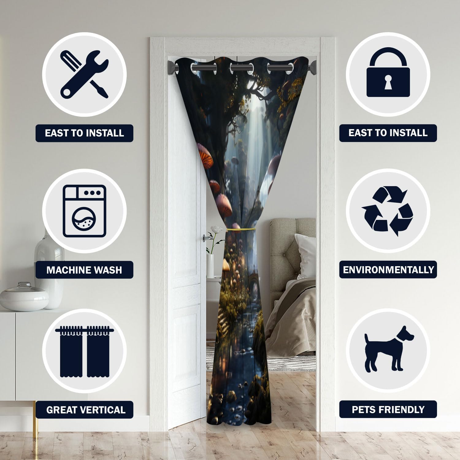 Mushroom Magic Forest Door Curtains for Doorways, Fairy Tale Enchanted Castle Blackout Curtain for Kids Bedroom Closet, Grommet Thermal Insulated Privacy Door Drapes for Room Divider, 34"W x 80"L