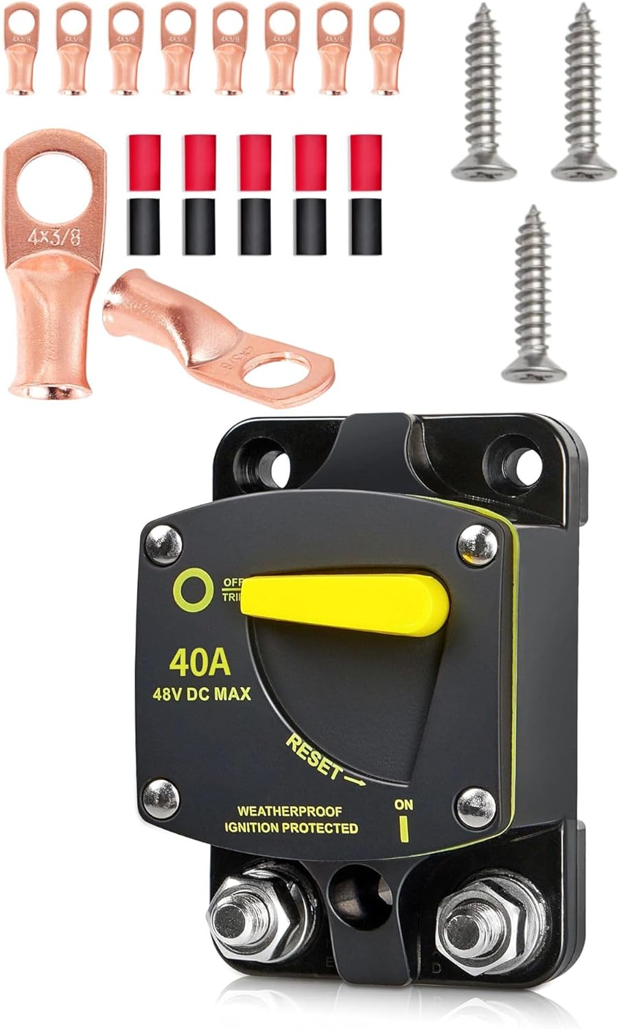 RED WOLF 40A Circuit Breaker Manual Reset Switch 4 AWG - 3/8" Battery Cable End Copper Ring Terminal Connector Lug w/3:1 Ratio Heat Shrink Tube for Boat Trolling Stereo Battery Solar System Inline