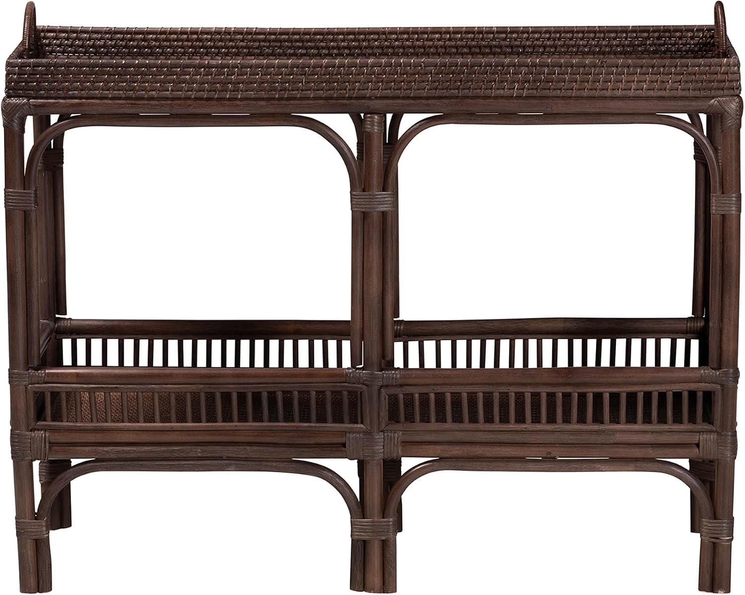 Bali & pari Lombok Natural Rattan Console Table - Handwoven Wicker 2-Tier Accent Table with Raised Tray Top for Living Room or Entryway, Espresso