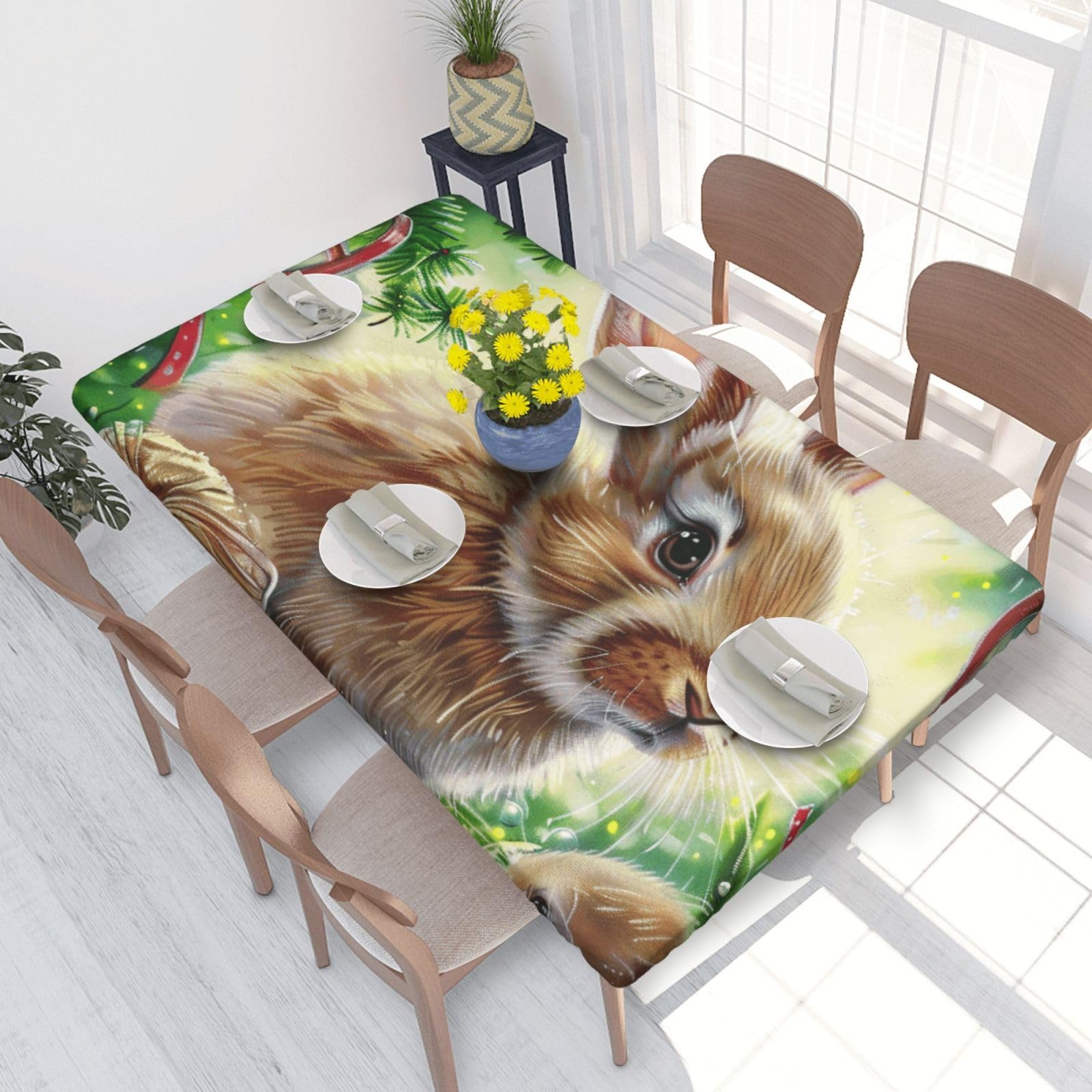 DCARSETCV Bunny Rabbit Printed 4FT Waterproof Tablecloth with Elastic Edged Protect & Decor Your Table, Oil-proof Washable Table Cloth Cover for Dinner Picnic Party