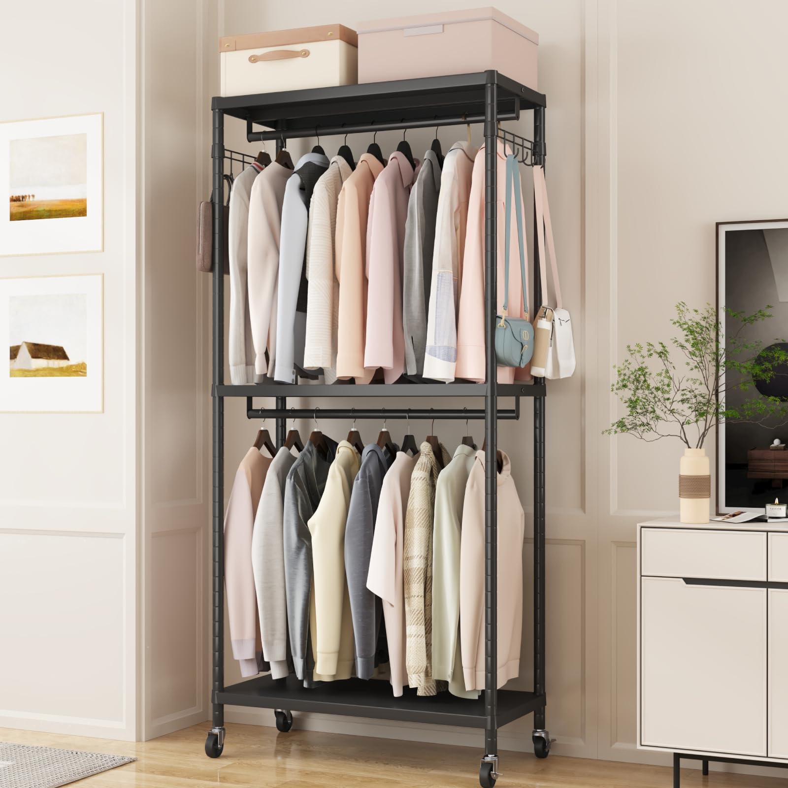 Enjinkail Clothes Rail, 200cm Tall Heavy Duty Clothes Rack, Metal Open Wardrobe with 3 Shelves and 2 Hanging Rails, Max Load 180 KG, Freestanding Tidy Rails for Bedroom (90cm Wide)