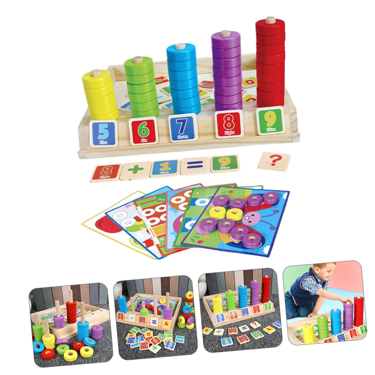 FRCOLOR Caja de Bloques de Construcción de Madera Montessori para Juguete Educativo Multifuncional de Matemáticas Rompecabezas y Cubos de Aprendizaje Seguro y Didáctico para Niñas y