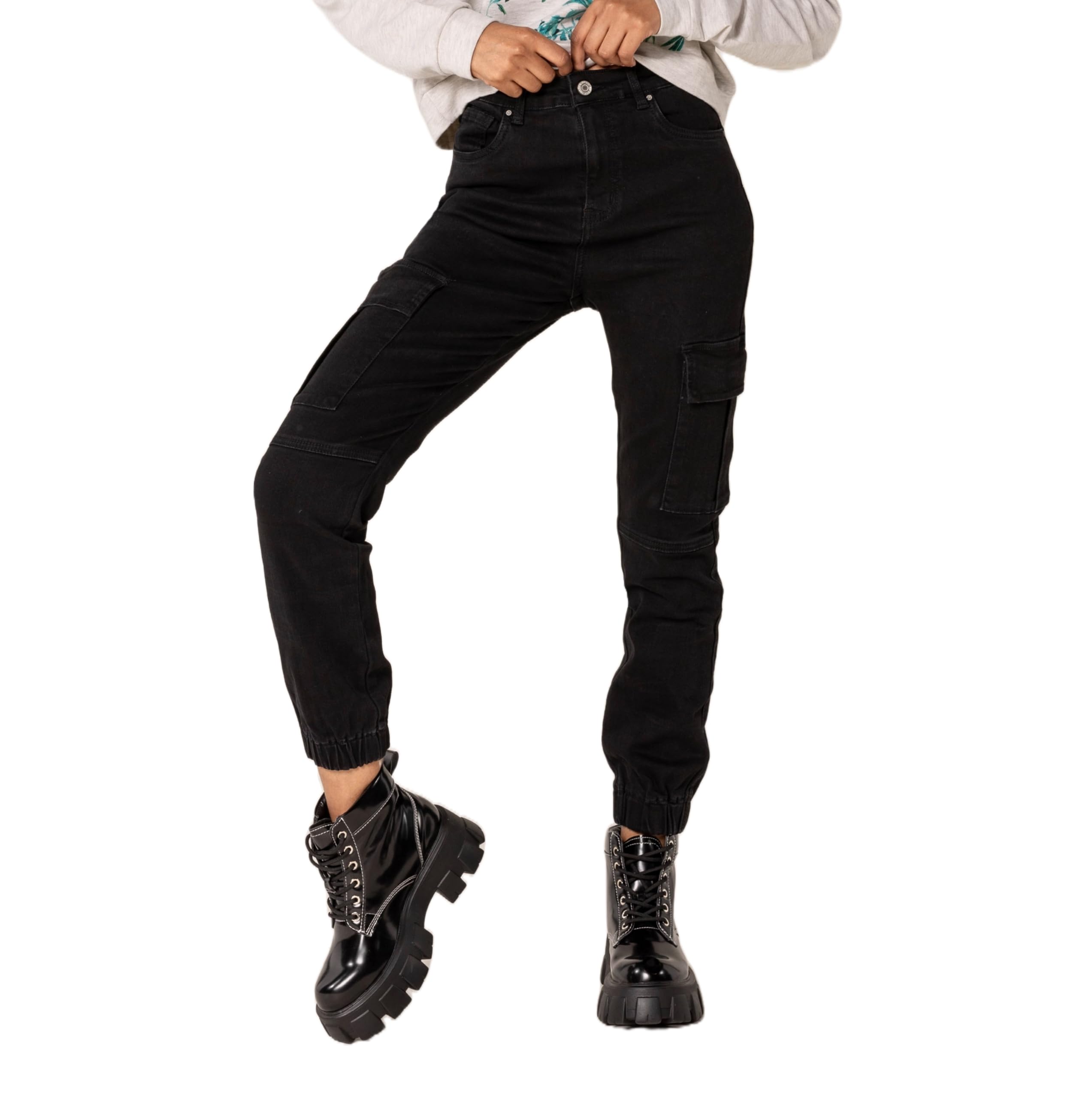 Nina Carter P219 Damen Cargo Jeans High Waist Relaxed Fit Jeanshosen Elastischen Beinabschlüssen Used-Look