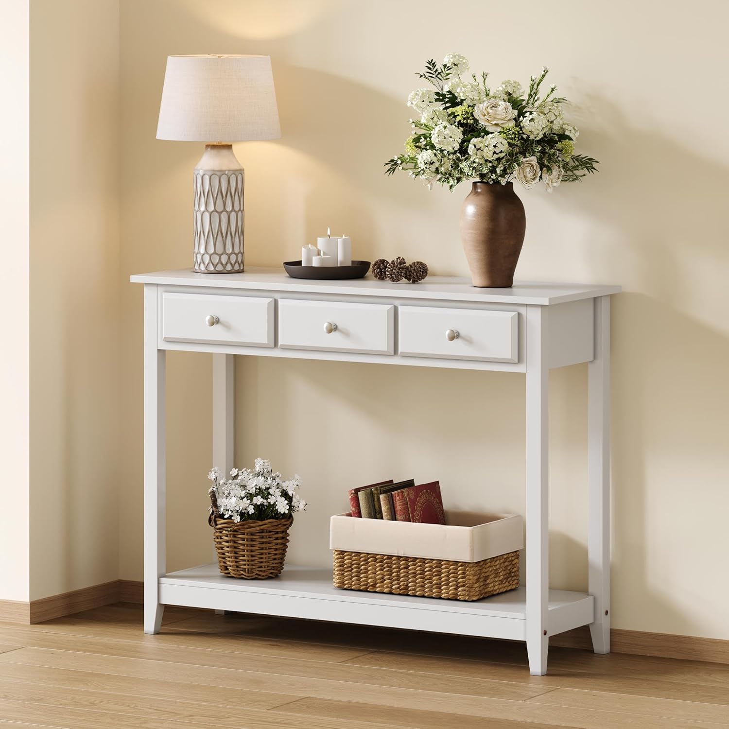 Yaheetech Console Table with 3 Drawers, 42" Entryway Table with Storage Shelves, Narrow Long Sofa Couch Tables for Living Room, Hallway, Foyer, Hall, White