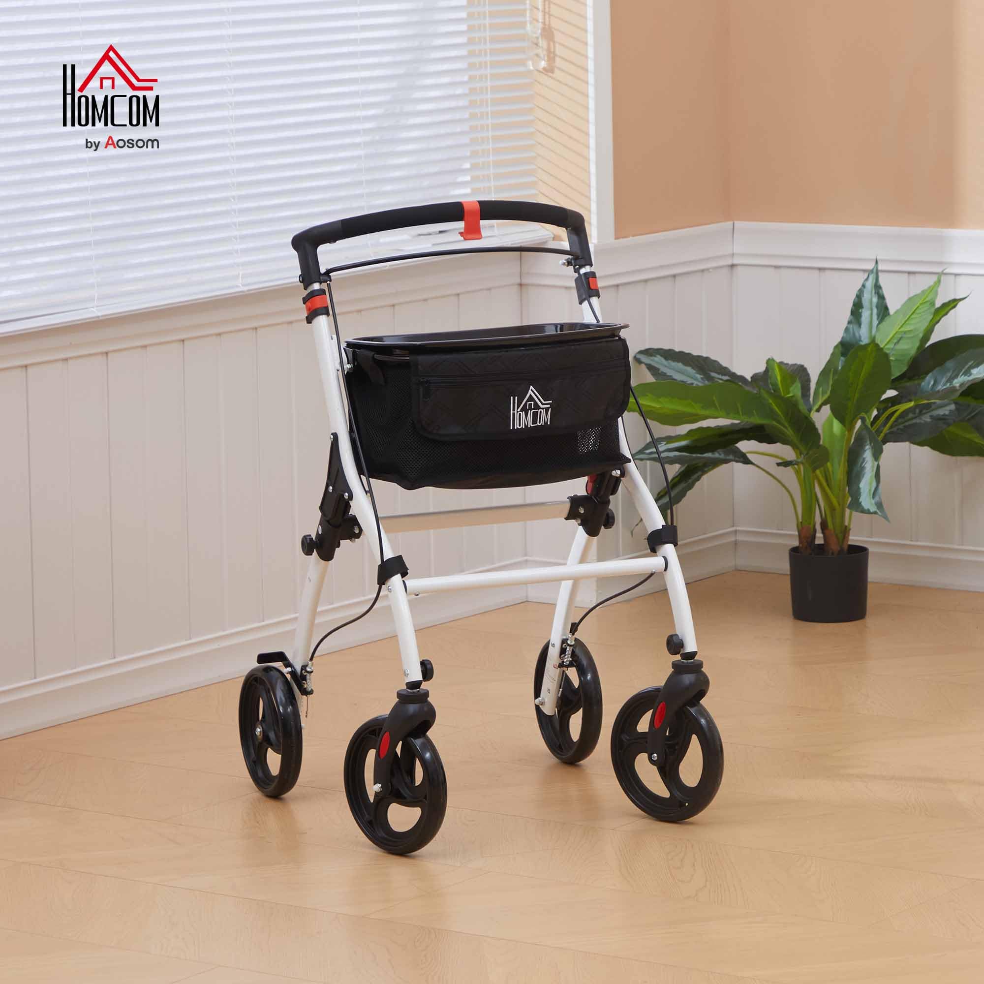 HOMCOM Andador para Ancianos Plegable de Aluminio con 4 Ruedas Blanco | Andador para Personas Mayores, Bandeja, Altura Ajustable, Frenos de Maneta, Bolsa de Transporte